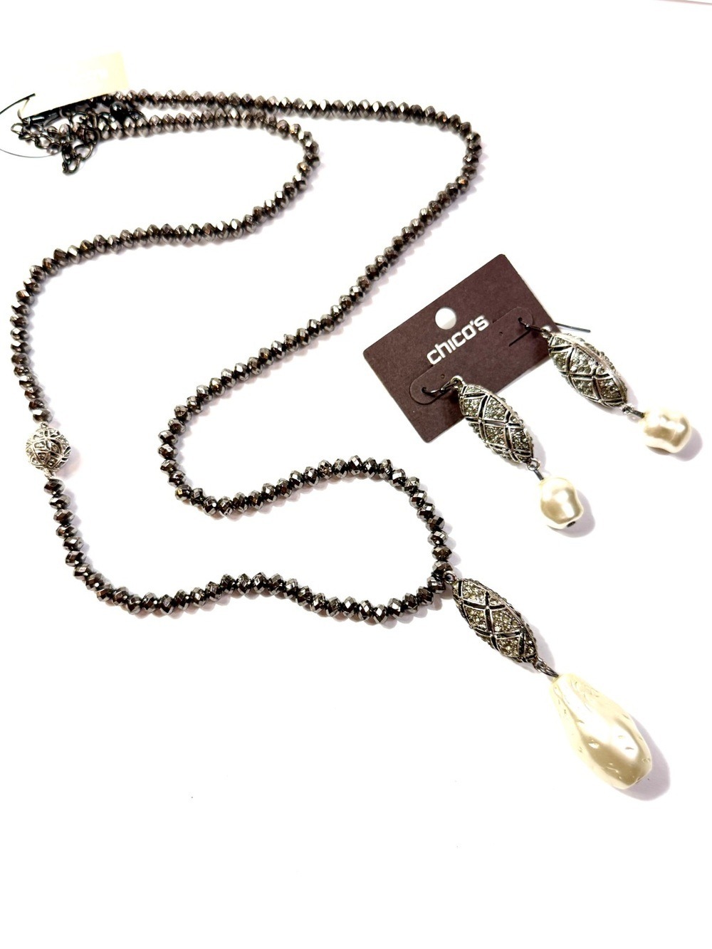 CHICO'S NWT Necklace Earrings Set Metallic Beads Crystals Pearl Accents